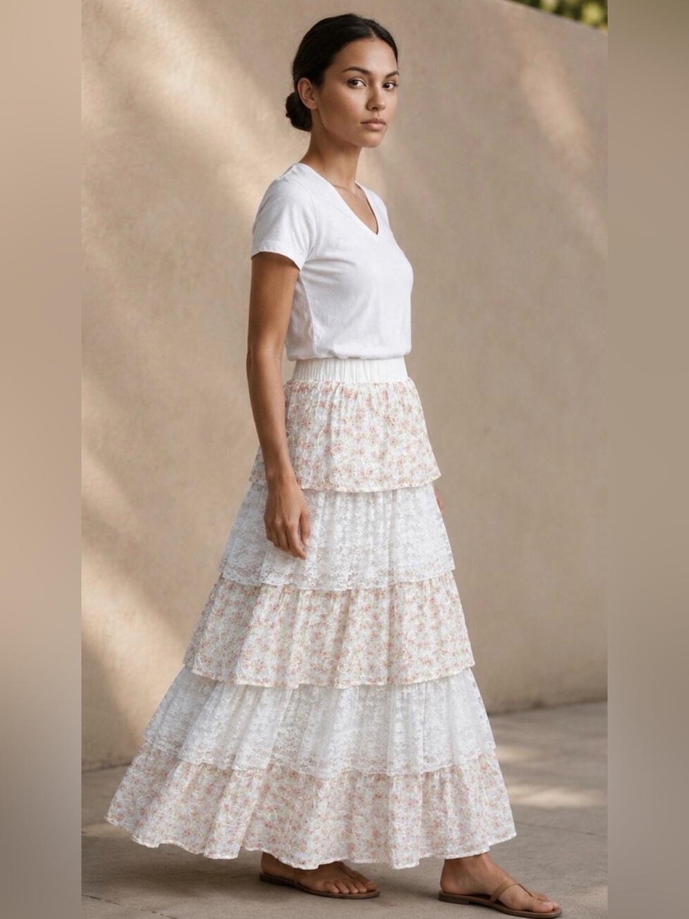 Rosie Posie Tiered Lace Floral Maxi Skirt Cotton Blend Boho NWT Small Elastic